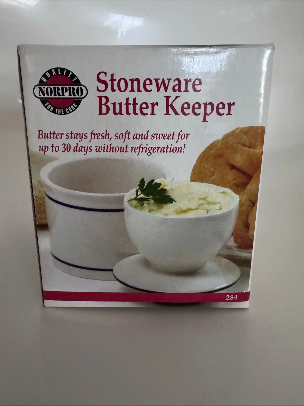 NIB Norpro Stoneware Butter Keeper French Butter Crock White Blue Cottagecore